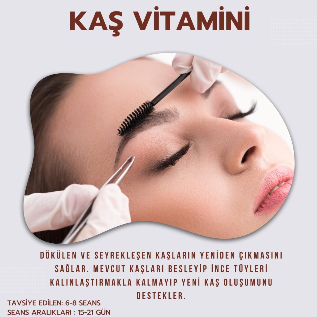 Glovalı eldivenli ellerle kaş vitamin uygulaması yapılan kadın ve işlem detayları.