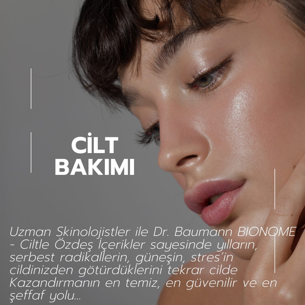 Pürüzsüz ciltli kadın portresi ve Dr. Baumann BIONOME cilt bakımı tanıtım yazıları.