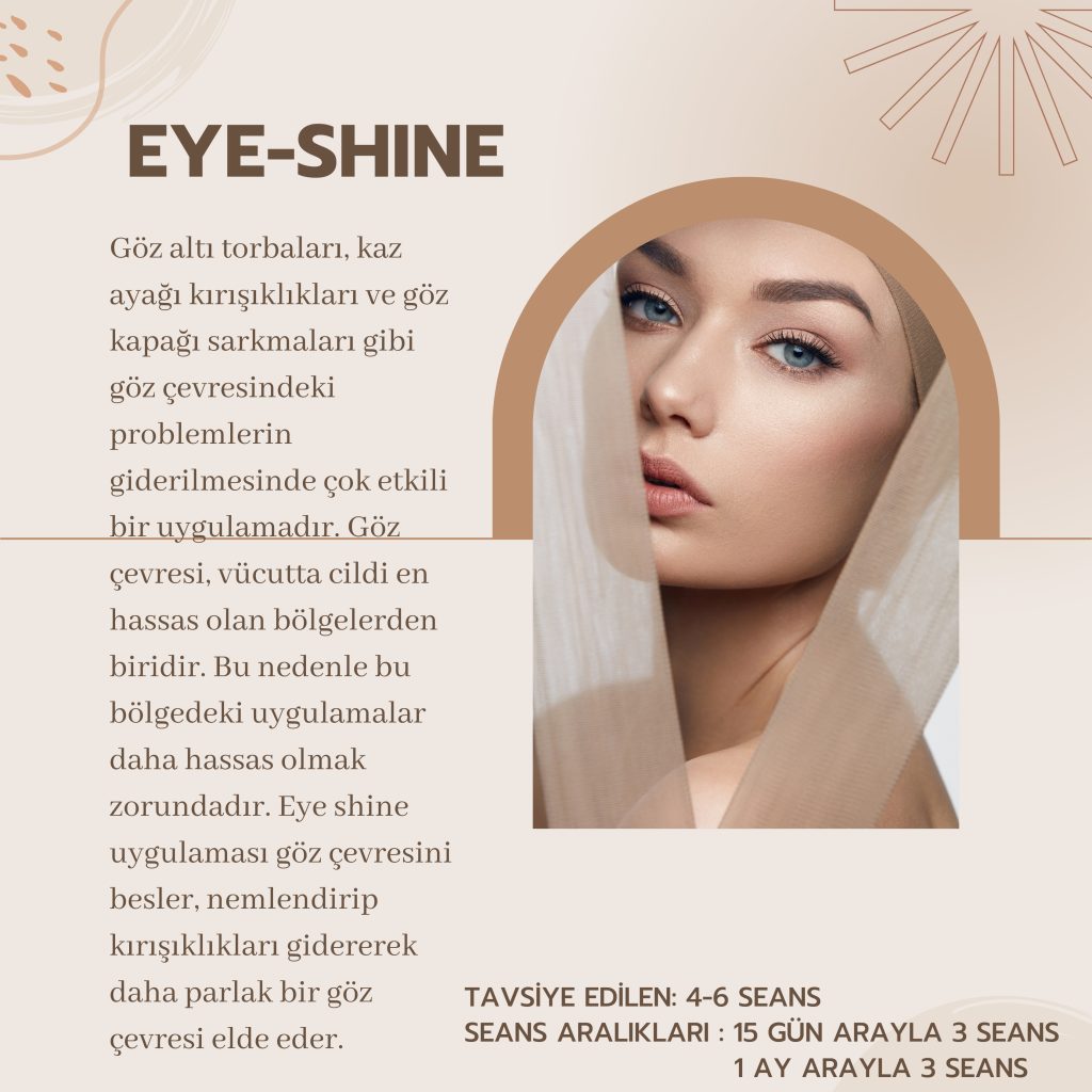 EYE-SHINE uygulaması tanıtımı, mavi gözlü kadın portresi ve seans bilgileri.
