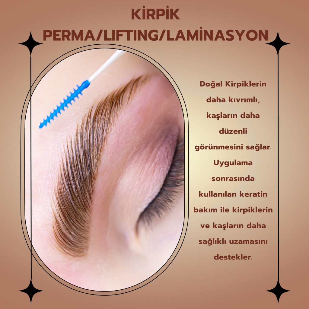 Kırpık perma ve laminasyon uygulaması yapılan kaş ve kirpik detayı.
